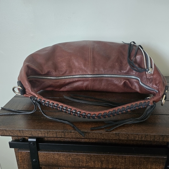 Borse In Pelle Brown Genuine Leather Hobo Crescent Shoulder Bag Fringe Italy - Picture 3 of 16